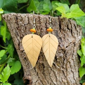Natural Carved Coconut Wood Leaf Earrings